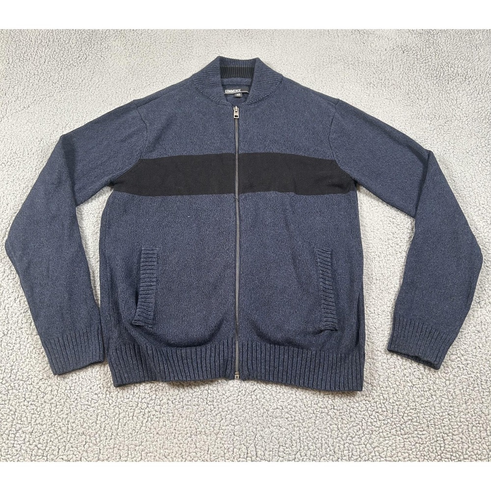 Commerce Sweater Mens Large‎ Blue Full Zip Mock Neck Stripe Knit Pockets